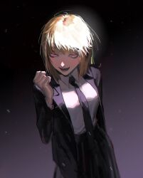 Rule 34 | 1girl, black jacket, black necktie, black skirt, blazer, blonde hair, breasts, chinese commentary, clenched hand, commentary request, cowboy shot, dark background, dress shirt, eyelashes, hand up, high-waist skirt, highres, jacket, lapels, long sleeves, looking at viewer, medium hair, necktie, notched lapels, open clothes, open jacket, open mouth, original, pleated skirt, purple hair, shirt, skirt, smile, solo, tangtangjj, teeth, white shirt