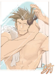 Rule 34 | 1boy, ace attorney, after bathing, bara, brown hair, brushing hair, character request, comb, fang, fang out, large pectorals, long sideburns, luboyaqqz, male focus, mature male, muscular, muscular male, no nipples, nude, pectorals, short hair, sideburns, sketch, smile, solo, translation request, upper body
