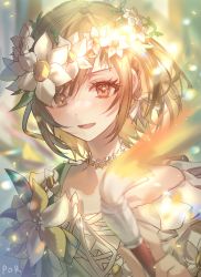 Rule 34 | 1girl, :d, artist name, bare shoulders, blurry, blurry background, brown eyes, brown hair, commentary, dress, flower, head wreath, holding, holding paintbrush, jewelry, lens flare, lens flare abuse, light blush, looking at viewer, mitasarenai pale color (project sekai), necklace, open mouth, paintbrush, painting (action), por ( por tt), project sekai, shinonome ena, short hair, signature, smile, solo, symbol-only commentary, upper body, white dress, white flower