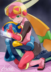 Rule 34 | 1boy, 1girl, blonde hair, blue bodysuit, blush, bodysuit, boots, chicago-x, closed eyes, clothed sex, cum, cum in pussy, girl on top, gloves, green eyes, helmet, hetero, holographic interface, holographic monitor, holographic touchscreen, long hair, mega man (series), mega man battle network, mega man battle network (series), megaman.exe, pink bodysuit, roll.exe (mega man), sex, signature, smile, straddling, sweat, thighhighs, tile floor, tiles, trembling, upright straddle, very long hair