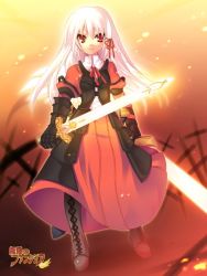 Rule 34 | 1girl, armor, armored dress, boots, dress, knee boots, komi zumiko, long hair, mugen no fantasia, red dress, red eyes, red theme, ribbon, solo, sword, weapon, white hair