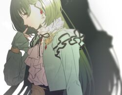 Rule 34 | 1girl, belt, belt buckle, black belt, black ribbon, blush, breasts, buckle, closed mouth, earrings, egawa satsuki, finger to mouth, frilled jacket, frilled shirt collar, frills, from side, green hair, green jacket, hand up, idolmaster, idolmaster shiny colors, jacket, jewelry, long hair, long sleeves, looking at viewer, medium breasts, nail polish, nanakusa nichika, neck ribbon, open clothes, open jacket, red eyes, red nails, ribbon, shadow, shirt, solo, upper body, white background, white shirt