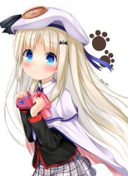 Rule 34 | 1girl, artist name, bat hair ornament, beret, black jacket, blonde hair, blue eyes, bow, box, cape, cowboy shot, grey skirt, hair ornament, hat, heart-shaped box, highres, jacket, kudpoid (71139), large buttons, little busters!, little busters! school uniform, long hair, noumi kudryavka, paw print, pink bow, plaid, plaid skirt, pleated skirt, school uniform, simple background, skirt, smile, solo, white background, white cape, white hat