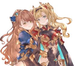 Rule 34 | 2girls, armor, artist name, asymmetrical bangs, beatrix (granblue fantasy), black cape, blonde hair, blue armor, blue eyes, breasts, brown hair, cape, gauntlets, granblue fantasy, green eyes, hair intakes, hair ornament, highres, lala (0915 yu), long hair, looking at viewer, medium breasts, multiple girls, ponytail, red armor, smile, twintails, two-sided cape, two-sided fabric, white background, zeta (granblue fantasy)
