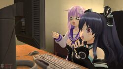 Rule 34 | 2girls, black hair, blush, breasts, computer, constricted pupils, fingerless gloves, gloves, highres, long hair, meme, multiple girls, nepgear, nepgyaa, neptune (series), open mouth, purple hair, red eyes, small breasts, surprised, sweatdrop, twintails, uni (neptunia), wide-eyed