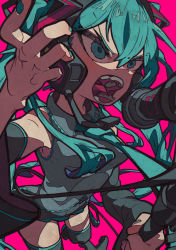 Rule 34 | 1girl, absurdres, black skirt, black thighhighs, blue eyes, blue hair, blue nails, blue necktie, collared shirt, detached sleeves, fingernails, grey shirt, hair between eyes, hatsune miku, headset, highres, huge filesize, long hair, long sleeves, microphone, microphone stand, miniskirt, nail polish, necktie, open mouth, pink background, pleated skirt, shirt, simple background, skirt, sleeveless, sleeveless shirt, solo, teeth, thighhighs, twintails, v-shaped eyebrows, very long hair, vocaloid, yaya hiyayaka, zettai ryouiki