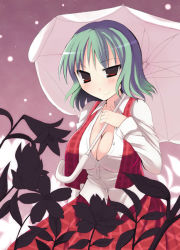 Rule 34 | 1girl, breasts, cleavage, female focus, flower, green hair, kazami yuuka, kujiran, large breasts, naughty face, open clothes, open shirt, plaid, plaid skirt, plaid vest, red eyes, shirt, short hair, skirt, skirt set, sky, solo, star (sky), starry sky, touhou, umbrella, vest