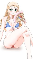Rule 34 | 1girl, bc freedom (emblem), bikini, blonde hair, blue bikini, breasts, closed mouth, commentary, crossed legs, drill hair, emblem, folding fan, front-tie bikini top, front-tie top, girls und panzer, gomi ningen (81848656), green eyes, hand fan, highres, holding, holding fan, long hair, looking at viewer, marie (girls und panzer), mismatched bikini, red bikini, simple background, sitting, small breasts, smile, solo, swimsuit, white background