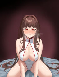 Rule 34 | 1girl, absurdres, bare shoulders, blush, breasts, brown hair, center opening, cleavage, closed mouth, commentary, copyright request, covered navel, dated commentary, heavy breathing, highres, kneeling, large breasts, leaning forward, leotard, looking at viewer, mole, mole under eye, nose blush, on bed, red eyes, shiny skin, simple background, solo, sovietex, spread legs, sweat, tongue, tongue out, white leotard
