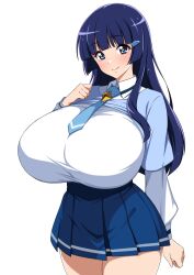 Rule 34 | 1girl, alternate body size, alternate breast size, aoki reika, blue hair, blue skirt, breasts, collared shirt, cowboy shot, curvy, gigantic breasts, hair ornament, hairclip, hand on own chest, hime cut, huge breasts, jabara tornado, long hair, looking at viewer, nanairogaoka middle school uniform, necktie, pleated skirt, precure, school uniform, shirt, skirt, smile, smile precure!, solo, standing, thick thighs, thighs, white background, wide hips