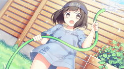Rule 34 | 1girl, artist request, black hair, blue headband, brown eyes, fence, game cg, headband, holding, holding hose, hose, medium hair, monster musume no iru nichijou, monster musume no iru nichijou online, official art, open mouth, outdoors, plant, shinotcha (monster musume), solo, water