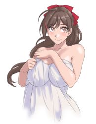 Rule 34 | 1girl, bare shoulders, brown hair, collarbone, commentary request, cropped torso, covered erect nipples, hair ornament, hairclip, highres, kantai collection, long hair, looking at viewer, mamiya (kancolle), red eyes, red ribbon, ribbon, solo, sozan, towel, upper body, white towel