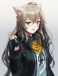 Rule 34 | 1girl, animal ear fluff, animal ears, bad id, bad twitter id, black gloves, black jacket, blush, brown hair, cat ears, collared shirt, fingerless gloves, girls&#039; frontline, gloves, gradient background, hair between eyes, hand in own hair, jacket, long hair, long sleeves, looking at viewer, open mouth, scar, scar across eye, scar on face, shirt, side ponytail, silence girl, simple background, smile, solo, ump45 (girls&#039; frontline), unzipped, upper body, white shirt, yellow eyes, zipper