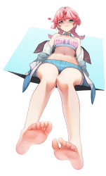 Rule 34 | 1girl, absurdres, arknights, bare legs, bare shoulders, barefoot, blue choker, blue eyes, blue poison (arknights), blue shorts, braid, choker, commentary request, crop top, foreshortening, heart, heart-shaped pupils, highres, jacket, jiachong jun z, long hair, looking at viewer, micro shorts, midriff, navel, off shoulder, official alternate costume, open clothes, open jacket, partial commentary, pink hair, shorts, solo, sports bra, stomach, symbol-shaped pupils, twin braids