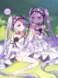 Rule 34 | 2girls, 6 yin, bare shoulders, barefoot, blush, breasts, choker, dress, euryale (fate), fate/grand order, fate/hollow ataraxia, fate (series), hairband, holding hands, jewelry, long hair, multiple girls, outdoors, purple eyes, purple hair, ribbon, siblings, sisters, sitting, stheno (fate), tears, tongue, twins, very long hair
