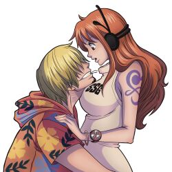 Rule 34 | 1boy, 1girl, arm tattoo, artist name, bare arms, bare shoulders, blonde hair, cigarette, commentary, english commentary, facial hair, from side, goatee, headphones, highres, hood, hood down, log pose, long hair, looking at another, ltenie, mouth hold, nami (one piece), nami (one piece) (egghead), official alternate costume, one piece, open mouth, orange hair, sanji (one piece), sanji (one piece) (egghead), shirt, short hair, short sleeves, simple background, sleeveless, smile, tattoo, teeth, white background