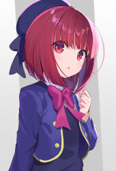 Rule 34 | 1girl, :o, absurdres, arima kana, beret, black dress, blue hat, blue jacket, blush, bow, collared shirt, commentary, cropped jacket, dress, gradient background, grey background, hand up, hat, highres, jacket, long sleeves, looking at viewer, ohihil, open clothes, open jacket, oshi no ko, parted lips, pink bow, red eyes, red hair, revision, shirt, solo, white background, white shirt