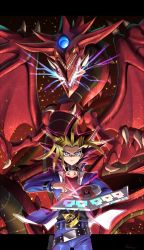 Rule 34 | belt, collar, dragon, dragon wings, duel disk, duel monster, dyed bangs, extra mouth, fangs, glowing mouth, hawe king, highres, millennium puzzle, multicolored hair, muto yugi, osiris the sky dragon, purple eyes, spiked hair, wings, yu-gi-oh!
