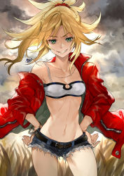 Rule 34 | belt, blonde hair, bra strap, bracelet, braid, denim, fate/apocrypha, fate (series), green eyes, highres, jacket, jewelry, mordred (fate), mordred (fate/apocrypha), mordred (memories at trifas) (fate), necklace, red jacket, short shorts, shorts, solo, yuu (higashi no penguin)
