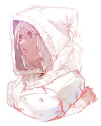 Rule 34 | blue eyes, fur collar, gem, highres, hood, jacket, long hair, looking to the side, menea, open mouth, simple background, sketch, solo, white background, white hair