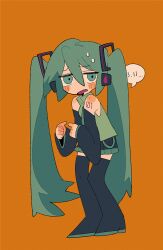 Rule 34 | 1girl, adpx, bare shoulders, black footwear, black skirt, black sleeves, blue eyes, blue hair, blush, boots, collared shirt, dated, detached sleeves, frown, full body, furrowed brow, green shirt, hair ornament, hatsune miku, headphones, highres, hunched over, index fingers together, long hair, long sleeves, looking at viewer, nervous, number tattoo, open mouth, orange background, own hands together, pleated skirt, shirt, shoulder tattoo, simple background, skirt, sleeveless, sleeveless shirt, solo, speech bubble, standing, sweat, tattoo, thigh boots, twintails, very long hair, vocaloid