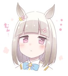Rule 34 | 1girl, :&lt;, absurdres, animal ears, blue bow, blush, bow, brown hair, character request, closed mouth, commentary request, cropped shoulders, flower, hair flower, hair ornament, hairclip, highres, horse ears, looking at viewer, okota mikan, pink eyes, pink flower, portrait, shirt, simple background, solo, translation request, umamusume, white background, white flower, white shirt, yellow flower