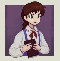Rule 34 | 1girl, blue background, blue skirt, book, border, braid, brown hair, collared shirt, commentary, deent (30390450), english commentary, gakkou no kaidan (anime), green eyes, hands up, highres, holding, holding book, long hair, long sleeves, looking to the side, miyanoshita satsuki, neck ribbon, outside border, parted lips, puffy sleeves, red ribbon, ribbon, shirt, skirt, solo, suspender skirt, suspenders, teeth, white border, white shirt