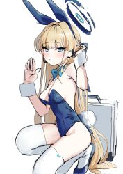 Rule 34 | 1girl, :o, animal ears, arm behind head, armpit crease, armpits, bare shoulders, blonde hair, blue archive, blue bow, blue bowtie, blue eyes, blue footwear, blue leotard, blue ribbon, blunt bangs, bow, bowtie, braid, breasts, briefcase, cleavage, collar, corrupted twitter file, detached collar, earpiece, fake animal ears, french braid, full body, hair bow, hair intakes, halo, hands up, high heels, highleg, highleg leotard, highres, kneeling, leotard, long hair, mechanical halo, medium breasts, rabbit ears, rabbit tail, ribbon, sideboob, simple background, sketch, skindentation, solo, syhan, tail, thick thighs, thighhighs, thighs, toki (blue archive), toki (bunny) (blue archive), waving, white background, white collar, white thighhighs, white wrist cuffs, wrist cuffs