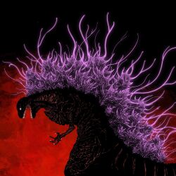 Rule 34 | black background, black eyes, claws, commentary, dan dagouglas, energy, english commentary, glowing, godzilla, godzilla (series), godzilla (shin), highres, kaijuu, looking at viewer, multicolored background, no humans, open mouth, red background, sharp teeth, shin godzilla, simple background, solo, spines, standing, teeth, toho, upper body