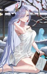 Rule 34 | 2girls, absurdres, bare legs, bare shoulders, barefoot, blue eyes, breasts, bucket, cleavage, commentary, genshin impact, grey hair, hair ornament, hair over one eye, hand in own hair, highres, large breasts, legs, long hair, looking at viewer, multiple girls, naked towel, onsen, shenhe (genshin impact), shupami, sitting, slime (genshin impact), spirit, thighs, towel, very long hair, wariza, wooden bucket
