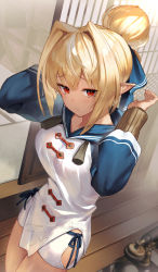 Rule 34 | 1girl, absurdres, alternate hairstyle, blonde hair, blue ribbon, blue sailor collar, closed mouth, commentary request, dark-skinned female, dark skin, dress, hair bun, hair ribbon, hands up, highres, hololive, indoors, long sleeves, looking at viewer, pointy ears, red eyes, ribbon, sailor collar, scottie (phantom2), shiranui flare, short hair, single hair bun, solo, standing, thighs, virtual youtuber, white dress