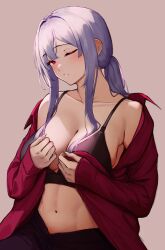 Rule 34 | 1girl, 3 small spiders, absurdres, ak-12 (girls&#039; frontline), ak-12 (lucia) (girls&#039; frontline), black pants, bra, breasts, cleavage, girls&#039; frontline, grey hair, highres, large breasts, long hair, looking at viewer, navel, official alternate costume, one eye closed, open clothes, open shirt, pants, ponytail, red eyes, red shirt, shirt, simple background, solo, underwear, undressing