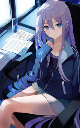 Rule 34 | 1girl, arm up, black shirt, blue eyes, blue hair, blue jacket, can, chair, collarbone, gradient hair, highres, jacket, long hair, long sleeves, looking at viewer, monitor, multicolored hair, on chair, open mouth, paper, project sekai, purple hair, red bull, screen light, sheet music, shirt, short shorts, shorts, sitting, sleeves past wrists, solo, thighs, tomura2maru, very long hair, white shorts, yoisaki kanade