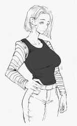 Rule 34 | 1girl, absurdres, android 18, bored, breasts, collarbone, cowboy shot, denim, dragon ball, hand on own hip, highres, jeans, joy boy, large breasts, long sleeves, looking at viewer, monochrome, pants, piercing, short hair, striped sleeves, white background