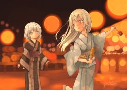 Rule 34 | 2girls, :d, artist name, blonde hair, blue eyes, candy apple, corn, eila ilmatar juutilainen, festival, food, gradient background, grey hair, holding, holding food, japanese clothes, kimono, long hair, long sleeves, looking at another, multiple girls, obi, open mouth, parted lips, pochi (poti1990), print kimono, purple eyes, sanya v. litvyak, sash, short hair, signature, smile, standing, strike witches, wide sleeves, world witches series, yukata