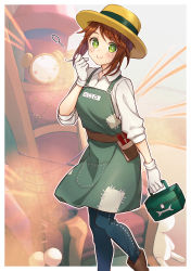 Rule 34 | + +, 1girl, :&gt;, akariko, apron, blue panties, blush, boater hat, boots, border, brown footwear, brown hair, chair, closed mouth, collared shirt, commentary request, denim, emma woods, freckles, gloves, green apron, green eyes, hand up, head tilt, highres, holding, identity v, jeans, knee boots, long sleeves, looking at viewer, panties, pants, parted bangs, patch, shirt, short hair, sidelocks, smile, solo, standing, toolbox, underwear, white border, white gloves, white shirt, wing collar, yellow headwear
