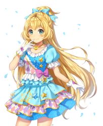 Rule 34 | 10s, 1girl, aikatsu! (series), aikatsu stars!, artist name, bad id, bad pixiv id, blonde hair, blue eyes, blurry, blush, bow, commentary, contrapposto, cowboy shot, depth of field, dress, finger to mouth, glove bow, gloves, hair bow, heart, jewelry, kim bae-eo, layered dress, long hair, looking at viewer, necklace, petals, ponytail, puffy short sleeves, puffy sleeves, shiratori hime, short sleeves, simple background, smile, solo, standing, star (symbol), very long hair, white background, white gloves