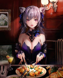 Rule 34 | 1girl, absurdres, bad id, bad pixiv id, bare shoulders, bow, breasts, cleavage, cone hair bun, cup, dana (hapong07), detached collar, detached sleeves, dress, drinking glass, food, fork, genshin impact, golden shrimp balls (genshin impact), hair bow, hair bun, hair ears, highres, keqing (genshin impact), keqing (opulent splendor) (genshin impact), knife, long hair, looking at viewer, medium breasts, official alternate costume, open mouth, pink eyes, plate, purple dress, purple hair, solo, strapless, strapless dress, twintails, wine glass