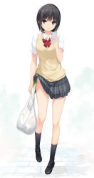 Rule 34 | 1girl, aoyama sumika, bag, black footwear, black hair, black socks, brown eyes, coffee-kizoku, commentary request, expressionless, full body, highres, holding, holding bag, holding phone, loafers, original, panties, phone, pleated skirt, shirt, shoes, short hair, skirt, socks, solo, spring onion, sweater vest, underwear, white background, white shirt