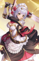 Rule 34 | 1girl, armor, black dress, blush, braid, breasts, chain, cleavage, closed mouth, dress, flower, gauntlets, genshin impact, greatsword, green eyes, highres, looking at viewer, lunacle, medium breasts, noelle (genshin impact), rose, short hair, silver hair, solo, sword, weapon, yellow background
