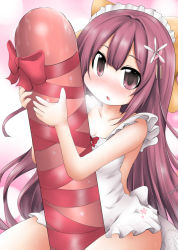 Rule 34 | 1girl, apron, blush, bow, commentary request, gift, hair bow, hair ribbon, hugging object, kamikaze (kancolle), kantai collection, kenzen, long hair, looking at viewer, maid headdress, naked apron, ouno (nounai disintegration), parted lips, phallic symbol, ribbon, sexually suggestive, sitting, solo, suggestive fluid