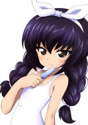 Rule 34 | 1girl, absurdres, alternate costume, alternate hairstyle, black hair, blush, braid, closed mouth, collarbone, food, frown, girls und panzer, hairband, highres, kanau, long hair, looking at viewer, one-piece swimsuit, popsicle, reizei mako, solo, swimsuit, twin braids, upper body, white one-piece swimsuit