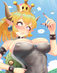 Rule 34 | 1girl, black nails, blonde hair, blue sky, blush, bowsette, breasts, bursting breasts, carla (gfgfh80418), cleavage, cloud, covered erect nipples, crown, day, earrings, fang, fingernails, hand on own hip, highres, jewelry, large breasts, looking up, mario (series), nail polish, new super mario bros. u deluxe, nintendo, pointy ears, ponytail, rolling eyes, sharp fingernails, sky, smile, solo, super crown, sweatdrop, upper body