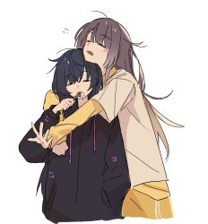 Rule 34 | 2girls, black hair, black hoodie, brushing teeth, chinese commentary, chuanzhoujikou, closed eyes, commentary request, cropped torso, grey hair, hand in pocket, height difference, highres, hood, hoodie, hug, hug from behind, layered sleeves, long hair, long sleeves, multiple girls, open mouth, original, short hair, short over long sleeves, short sleeves, simple background, sleeping, upper body, white background, yuri