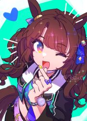 Rule 34 | 1girl, animal ears, belt, black skirt, breasts, brown hair, charan (4963 nkym), crop top, cropped jacket, finger heart, heart, highres, horse ears, horse girl, horse tail, jacket, jewelry, long hair, looking at viewer, midriff, multicolored eyes, one eye closed, open clothes, open jacket, open mouth, ring, shirt, skirt, small breasts, smile, solo, sparkle, tail, tosen jordan (umamusume), twintails, twitter username, umamusume, upper body, watch, watermark, wristwatch