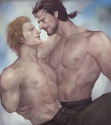 Rule 34 | 2boys, abs, amputee, beard, blonde hair, blue eyes, brown hair, carrying, collarbone, eyepatch, facial hair, facial scar, holding, horns, kazuhira miller, looking at another, male focus, metal gear (series), metal gear solid v: the phantom pain, mugikoma, mullet, multiple boys, muscular, muscular male, navel, nipples, parted lips, pectorals, ponytail, princess carry, realistic, scar, scar across eye, scar on arm, scar on cheek, scar on face, scar on nose, short hair, simple background, single horn, smile, topless male, venom snake, yaoi