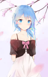 Rule 34 | 1girl, alternate hairstyle, arms behind back, blue eyes, blue hair, blush, cherry blossoms, dress, hatsune miku, highres, looking at viewer, petals, solo, vocaloid, yu (729835849)