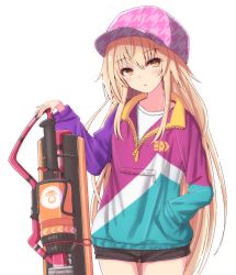 Rule 34 | 1girl, :o, black shorts, blonde hair, blush, commentary request, cowboy shot, gun, hand in pocket, highres, ienaga mugi, long hair, long sleeves, multicolored clothes, multicolored sweater, nijisanji, parted lips, patterned clothing, pink headwear, short shorts, shorts, simple background, solo, straight hair, sweater, unzipped, very long hair, virtual youtuber, weapon, white background, yellow eyes, zipper, zipper pull tab