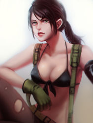 Rule 34 | 1girl, bikini, blurry, brown hair, chromatic aberration, collarbone, front-tie bikini top, front-tie top, gloves, green eyes, green gloves, highres, lipstick, makeup, metal gear (series), metal gear solid v: the phantom pain, noriuma, pants, pantyhose, ponytail, quiet (metal gear), red lips, solo, striped clothes, striped pants, swimsuit, torn clothes, torn pants, torn pantyhose