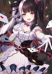 Rule 34 | 1girl, absurdres, beckoning, black hair, card, cleavage cutout, clenched hand, clothing cutout, commentary, dress, elbow gloves, frilled dress, frills, gloves, high-waist skirt, highres, long hair, looking at viewer, multicolored hair, nijisanji, open mouth, overskirt, pink hair, playing card, puffy short sleeves, puffy sleeves, reaching, reaching towards viewer, red eyes, ringopan, short sleeves, simple background, skirt, solo, split-color hair, strapless, strapless dress, streaked hair, twintails, two-tone hair, underbust, virtual youtuber, white dress, white gloves, white hair, wing hair ornament, yorumi rena, yorumi rena (1st costume)